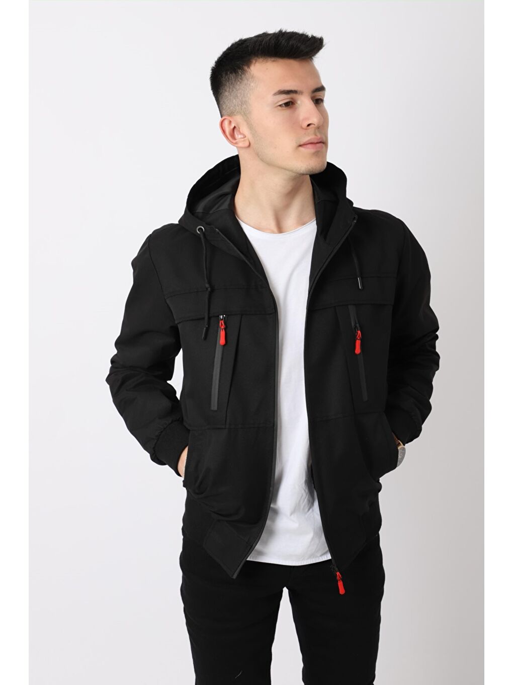 Siyah Çift Göğüs Fermuarlı Yağmurluk Mont BL1244-3