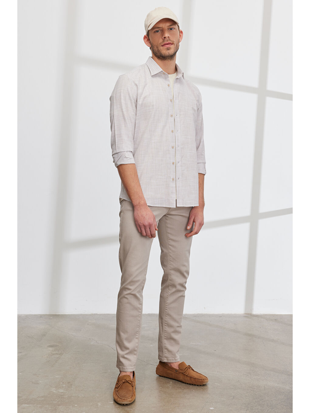 Erkek Bej Slim Fit Dar Kesim Klasik Yaka %100 Pamuk Çizgili Gömlek-2