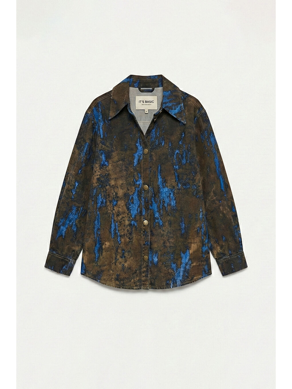 Kahverengi Kadın Kahve Mavi 1s6-15 Oversize Özel Flok Kumaş Tasarım Denim Gömlek-5