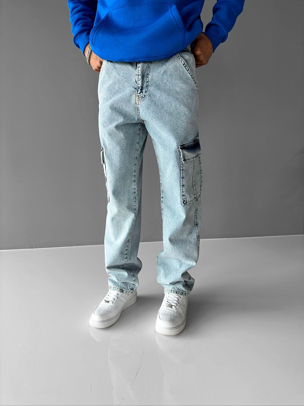 Erkek Baggy Fit Kargo Pantolon Mavi