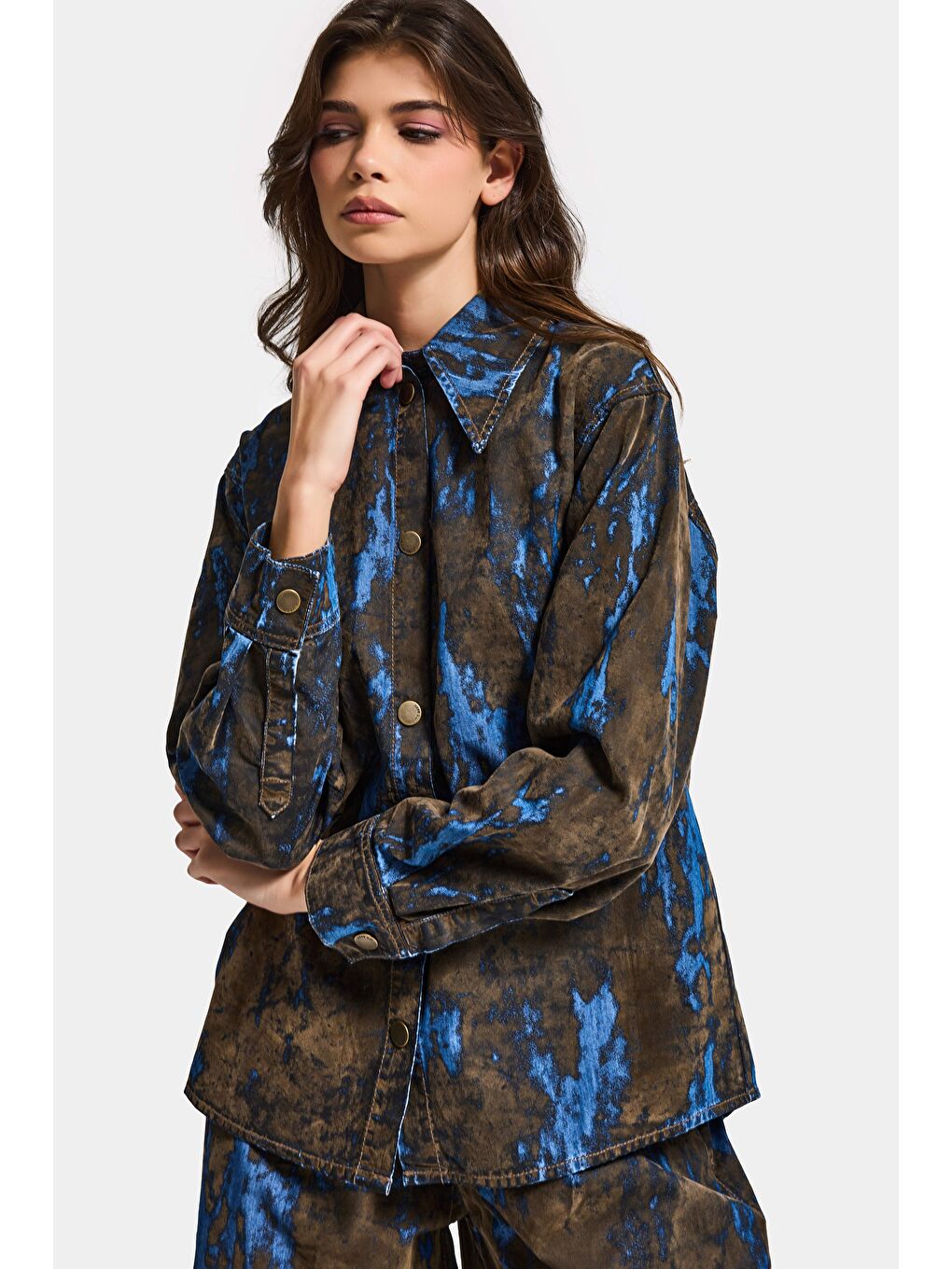 Kahverengi Kadın Kahve Mavi 1s6-15 Oversize Özel Flok Kumaş Tasarım Denim Gömlek-6