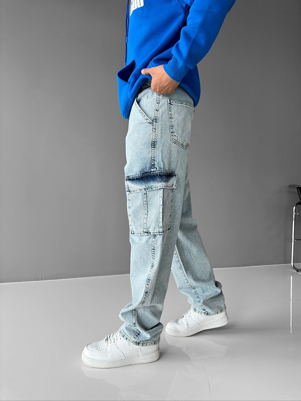 Erkek Baggy Fit Kargo Pantolon Mavi-1