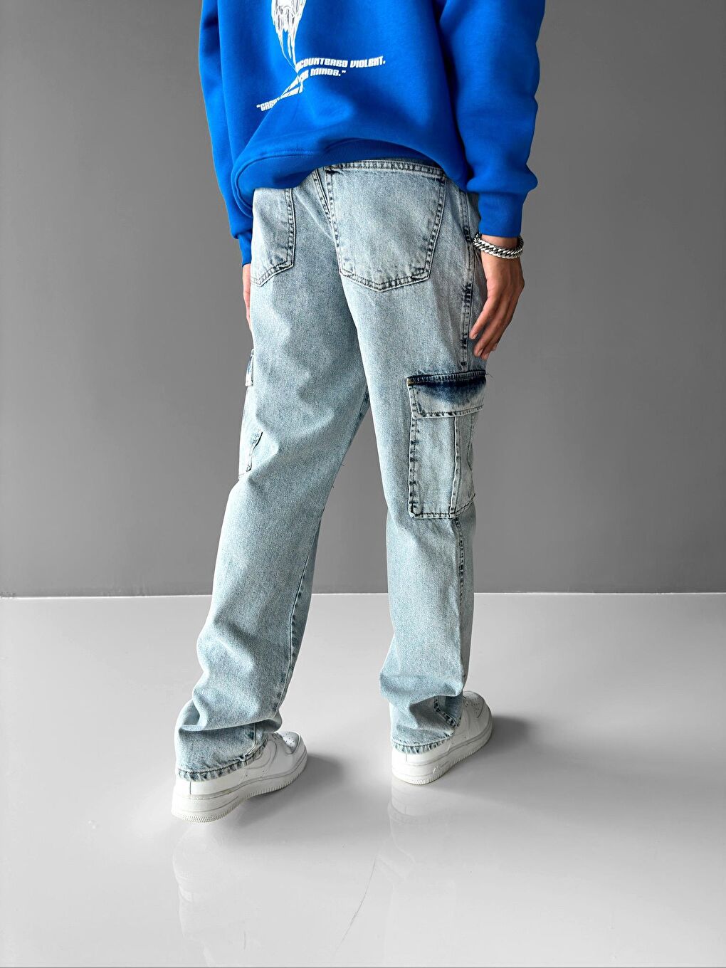 Erkek Baggy Fit Kargo Pantolon Mavi-2