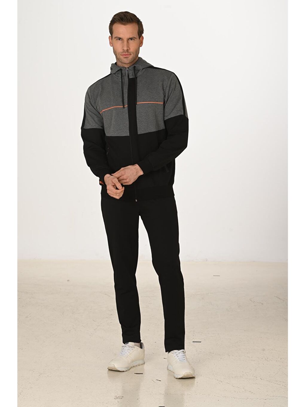 Erkek Pamuklu Tam Fermuarlı Kapüşonlu Eşofman Takımı Siyah 5287-S