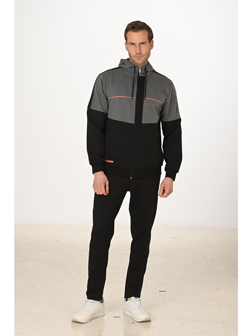 Erkek Pamuklu Tam Fermuarlı Kapüşonlu Eşofman Takımı Siyah 5287-S-2