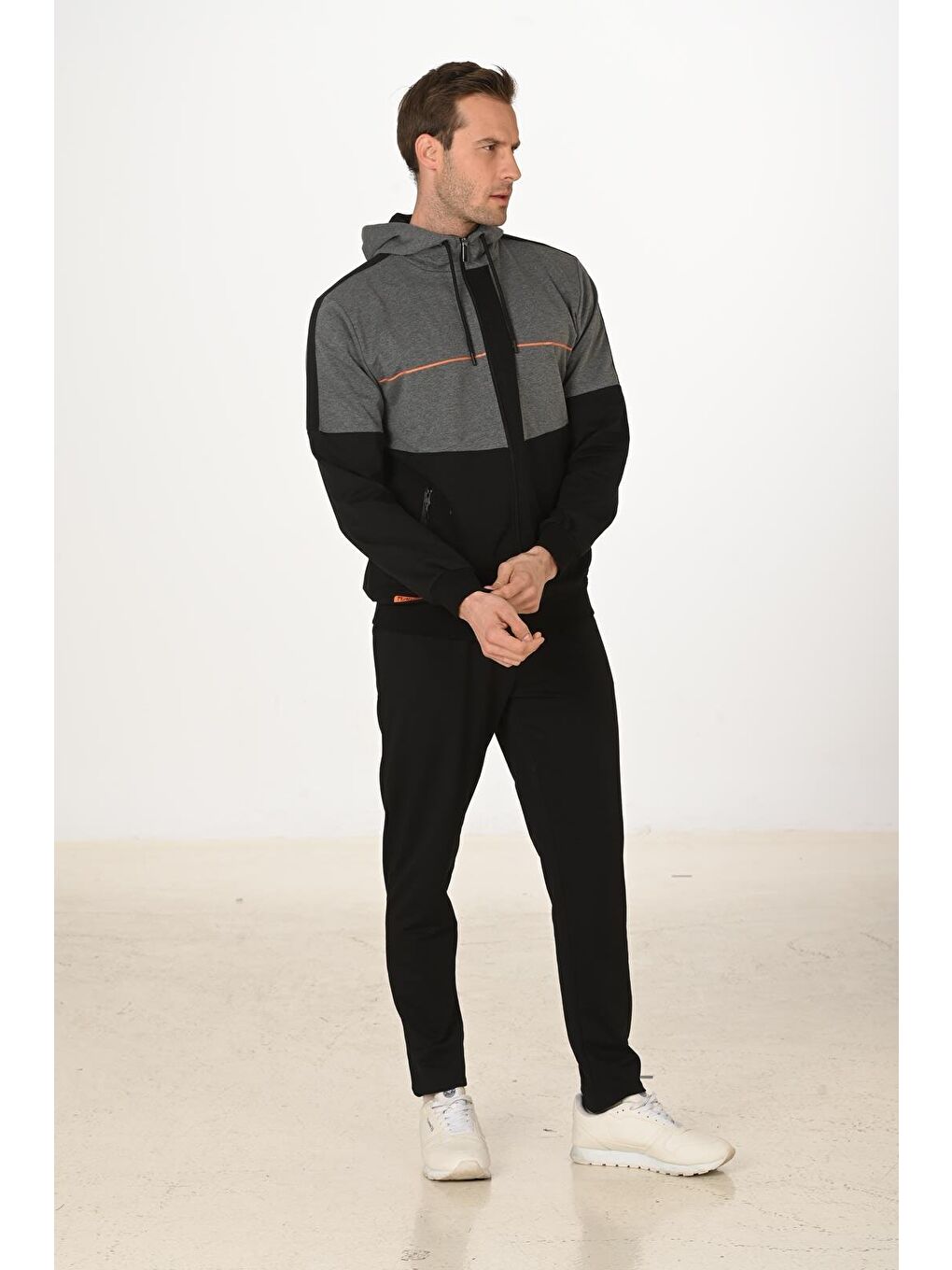 Erkek Pamuklu Tam Fermuarlı Kapüşonlu Eşofman Takımı Siyah 5287-S-4