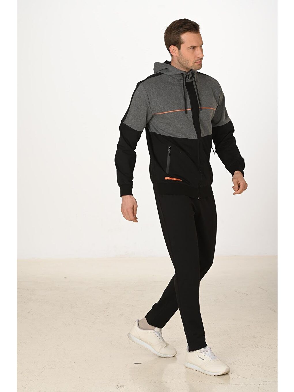 Erkek Pamuklu Tam Fermuarlı Kapüşonlu Eşofman Takımı Siyah 5287-S-5