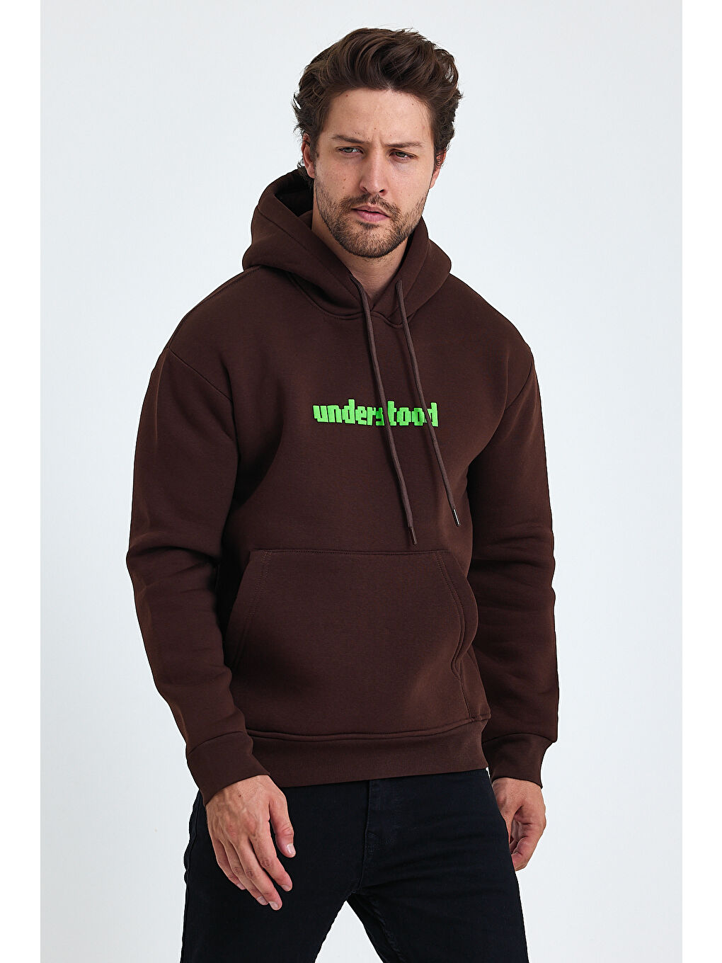 Tarz Cool Kahverengi Erkek Standart Fit Normal Kesim Içi Polarlı 3 Iplik Kapüşonlu Pamuklu Sweatshirt