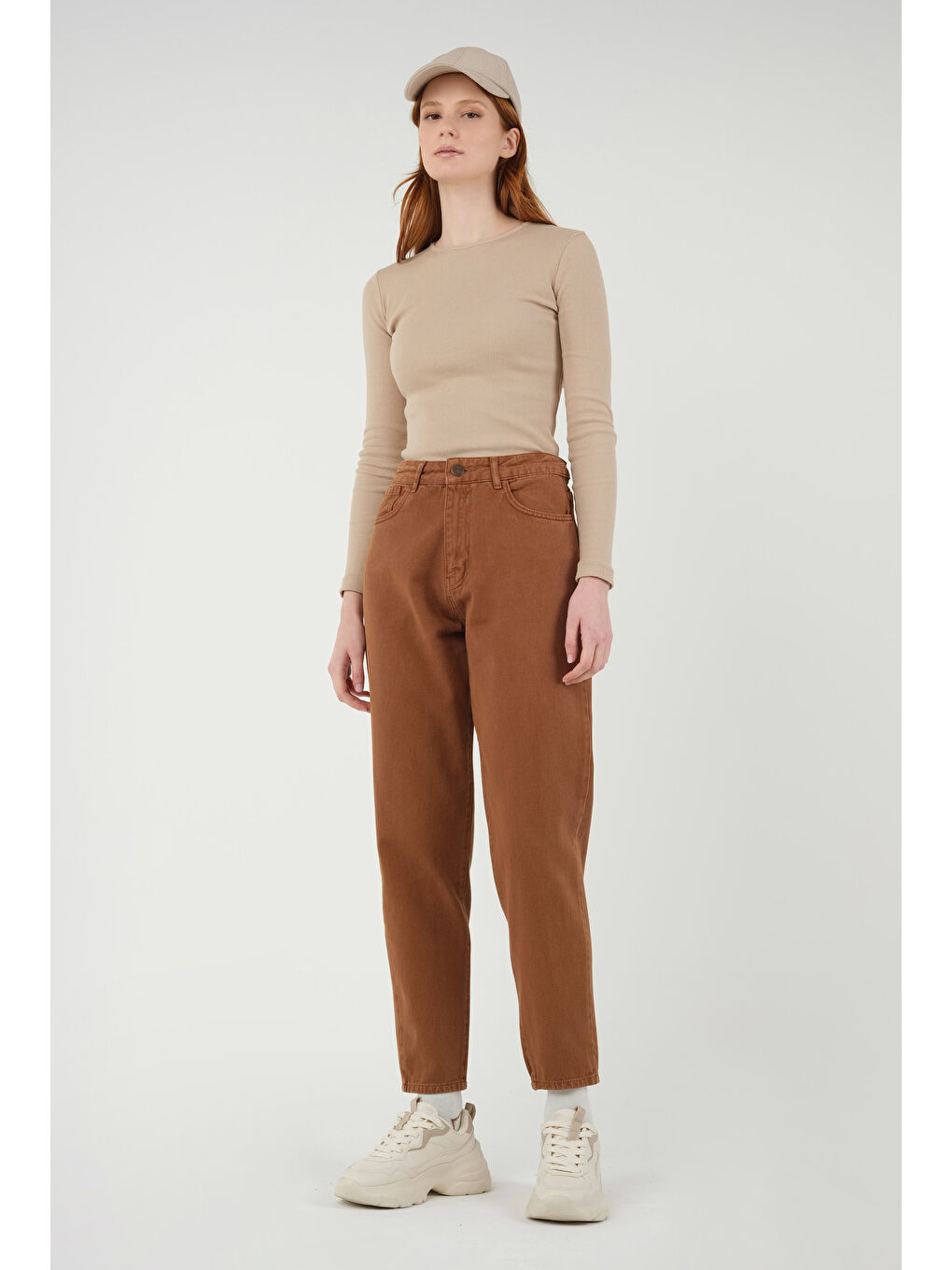 Kahverengi Yüksek Bel Balon Jean Taba