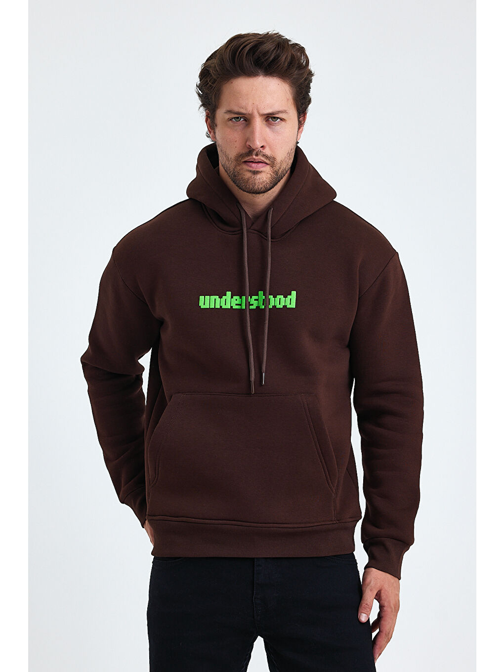 Tarz Cool Kahverengi Erkek Standart Fit Normal Kesim Içi Polarlı 3 Iplik Kapüşonlu Pamuklu Sweatshirt - 1