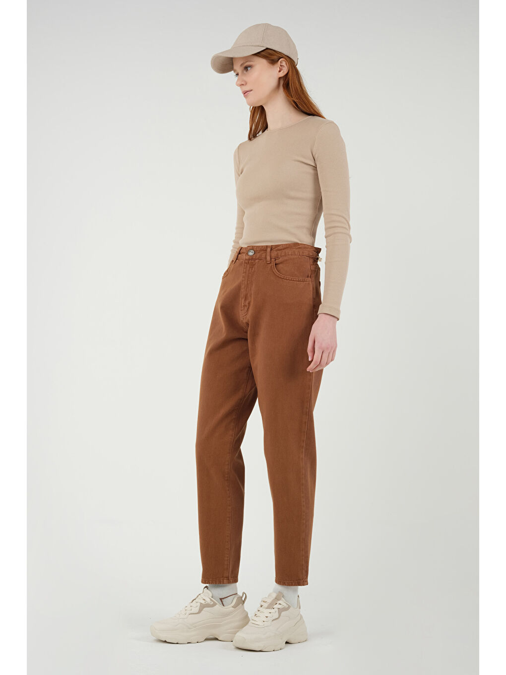 Kahverengi Yüksek Bel Balon Jean Taba-2