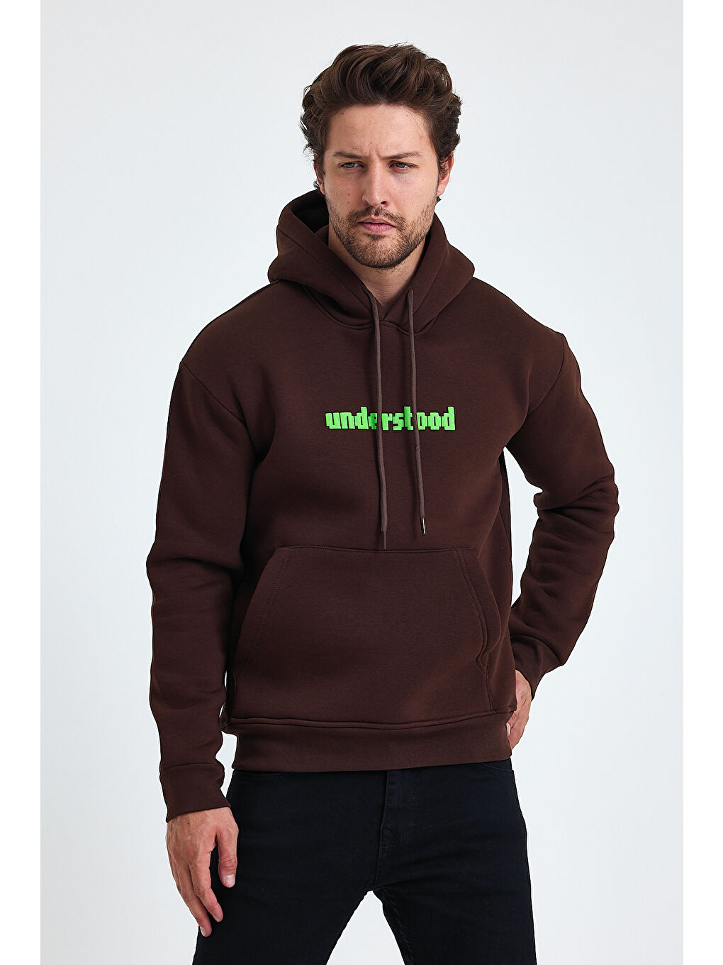 Tarz Cool Kahverengi Erkek Standart Fit Normal Kesim Içi Polarlı 3 Iplik Kapüşonlu Pamuklu Sweatshirt - 2