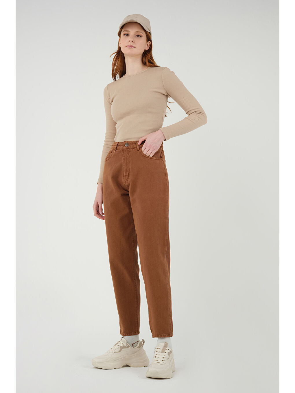 Kahverengi Yüksek Bel Balon Jean Taba-3