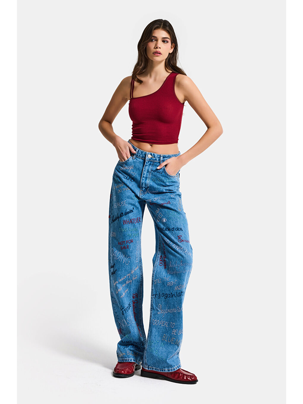 Kadın Mavi 1s6-4 Straight Fit Yüksek Bel %100 Pamuk Özel Tasarım Denim Jean-2