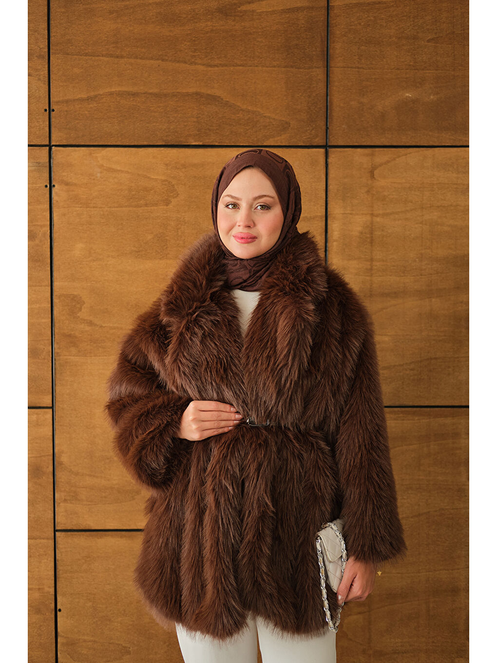 Kadın Kemer Detay Kürk Kaban Kahverengi-1