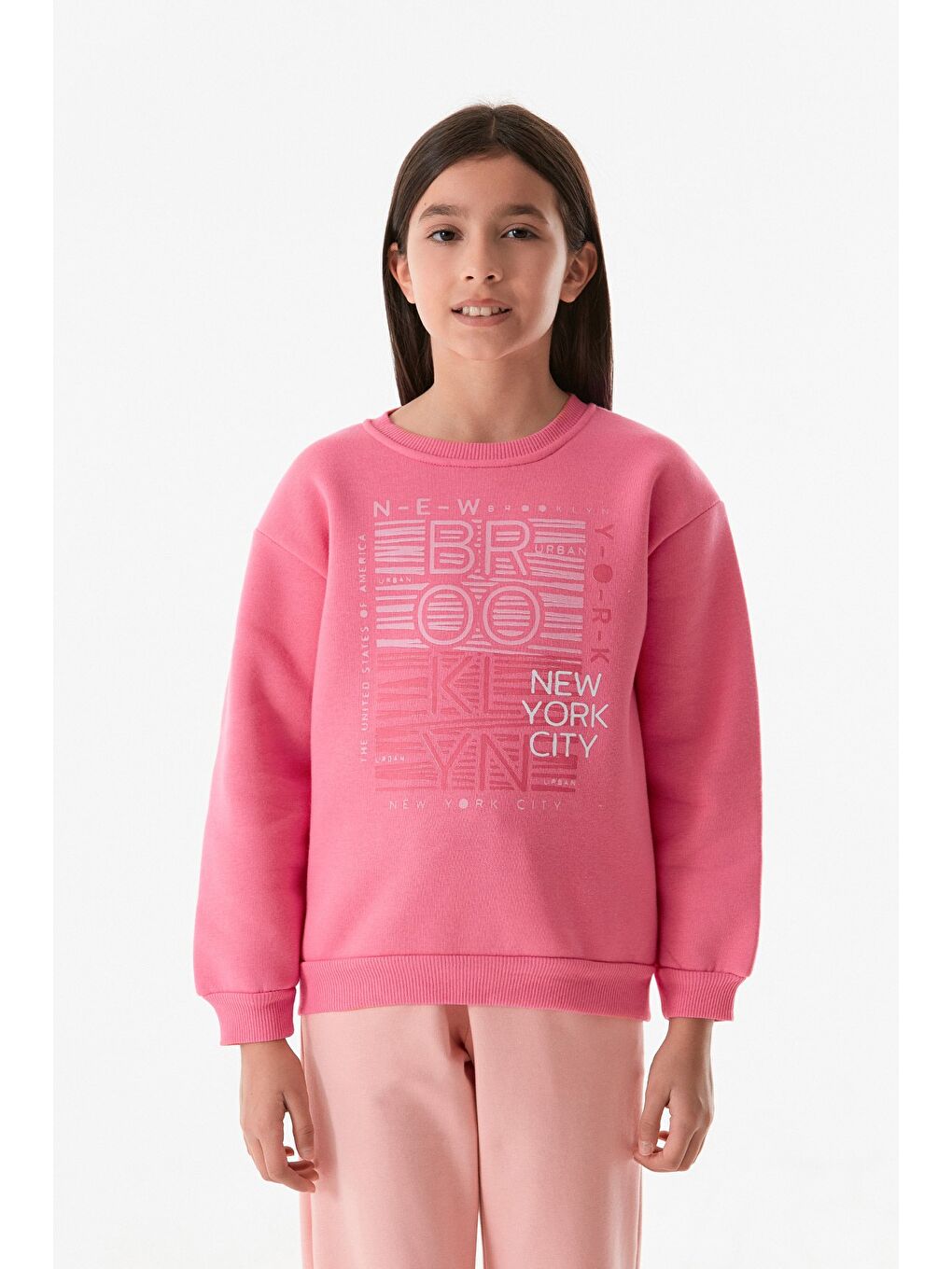 Fullamoda Pembe 3 İplik Baskılı Bisiklet Yaka Kız Çocuk Sweatshirt