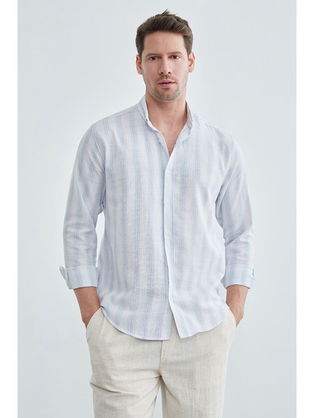 Mavi %100 Pamuk Çizgili Keten Görünümlü Erkek Gömlek