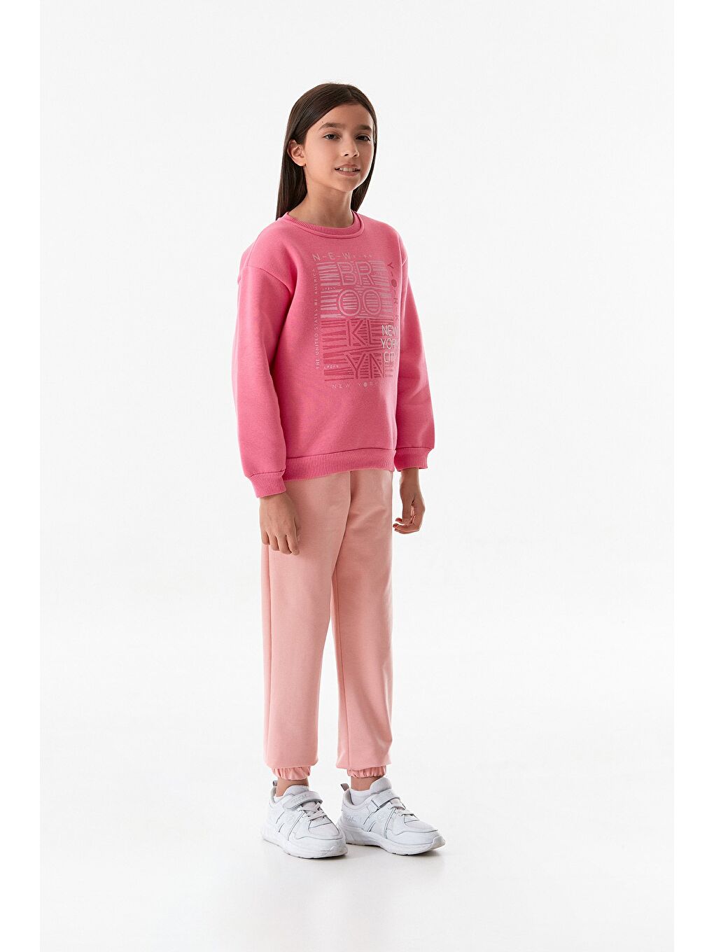 Fullamoda Pembe 3 İplik Baskılı Bisiklet Yaka Kız Çocuk Sweatshirt - 1