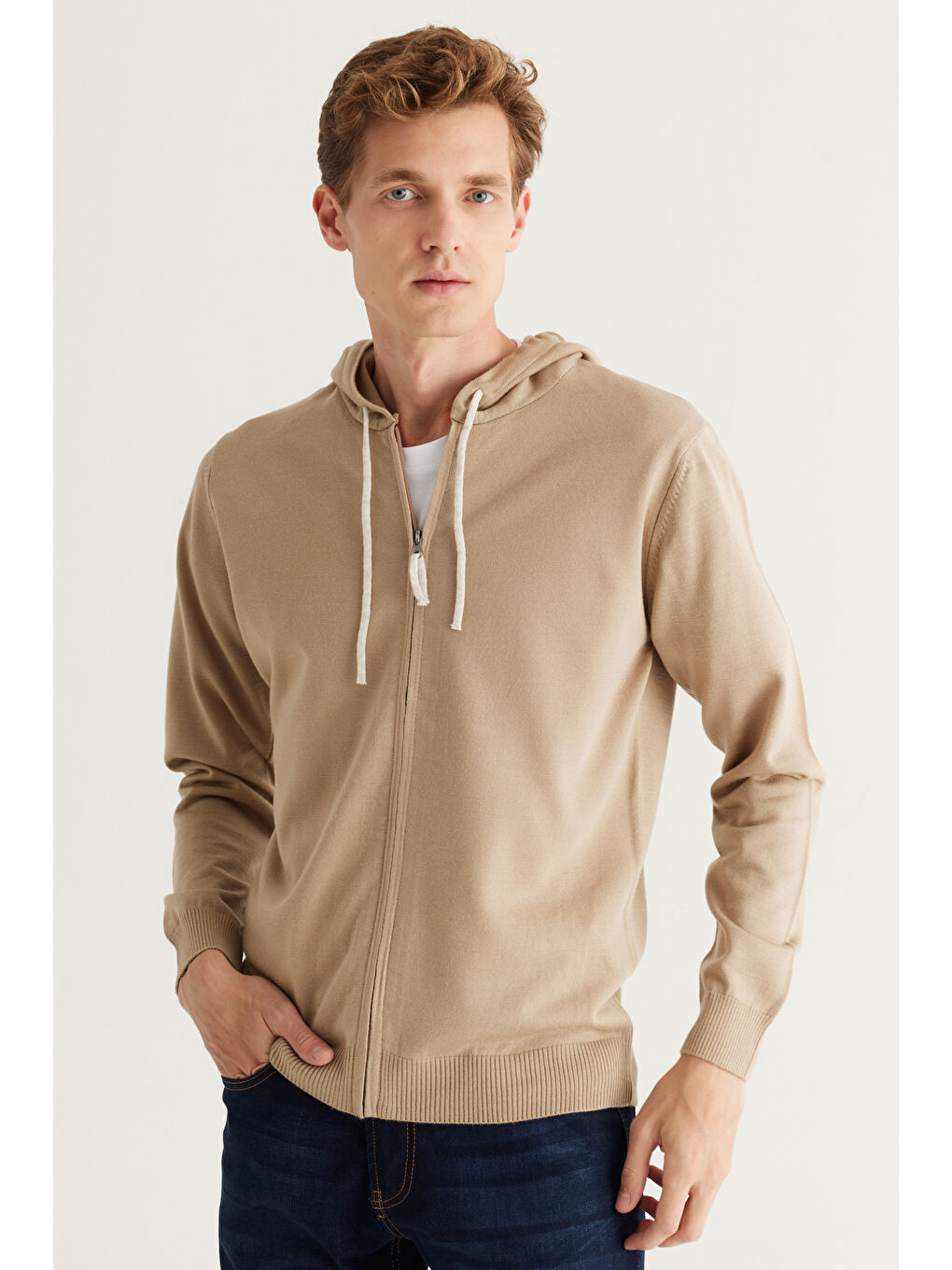 Bej Erkek Vizon Standart Fit Normal Kesim Kapüşonlu Pamuklu Triko Hırka-3