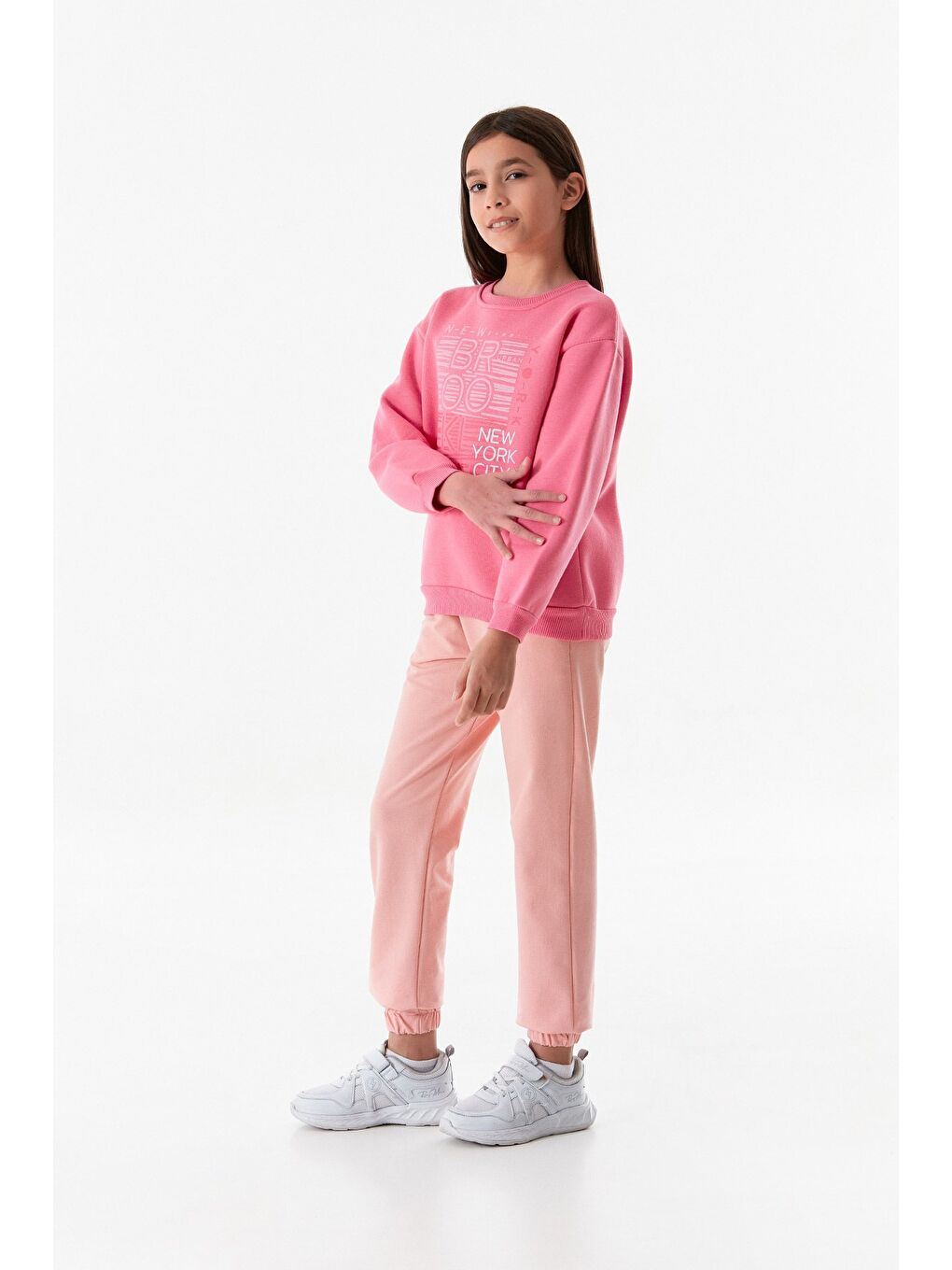 Fullamoda Pembe 3 İplik Baskılı Bisiklet Yaka Kız Çocuk Sweatshirt - 3