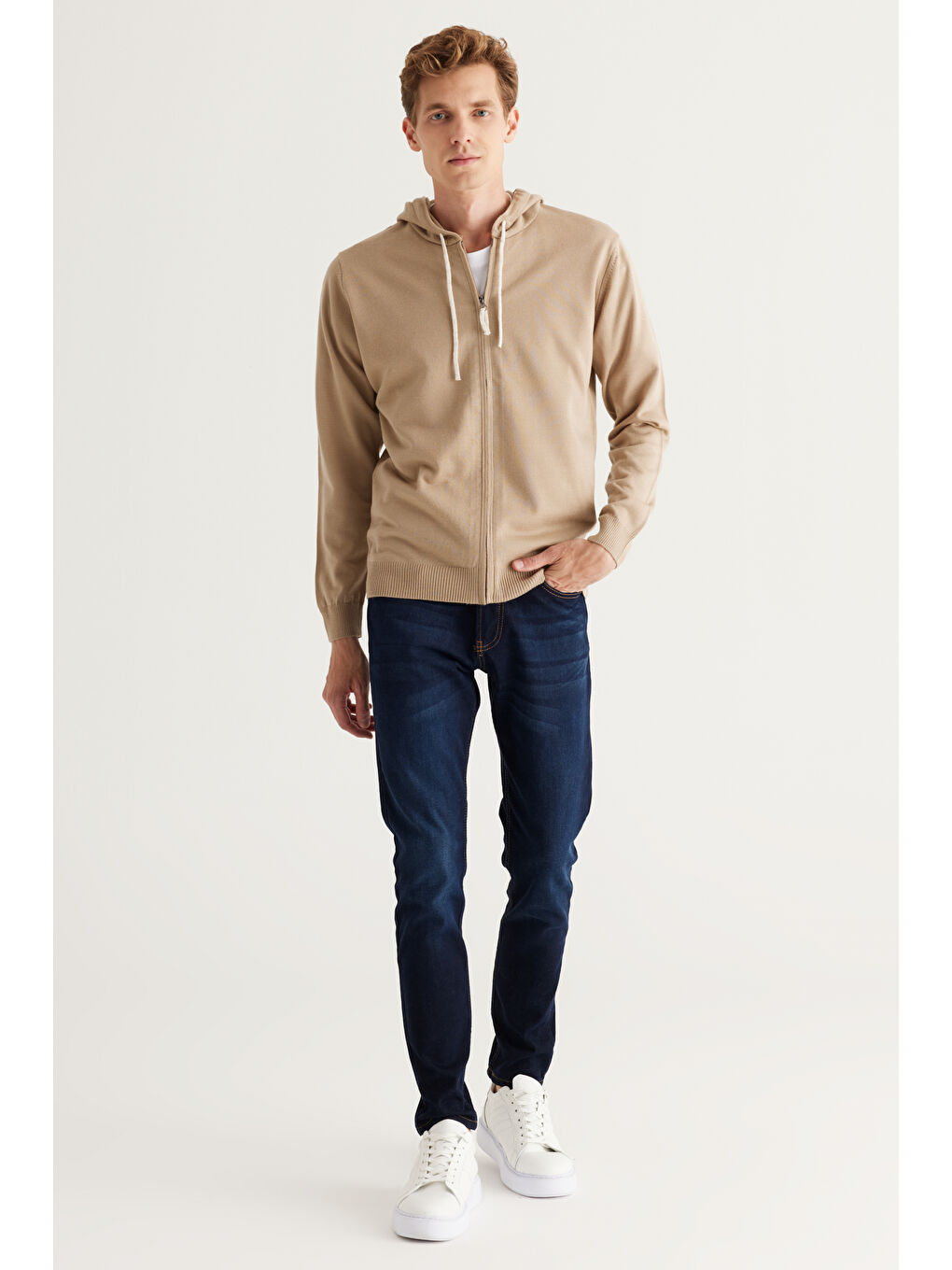 Bej Erkek Vizon Standart Fit Normal Kesim Kapüşonlu Pamuklu Triko Hırka-4