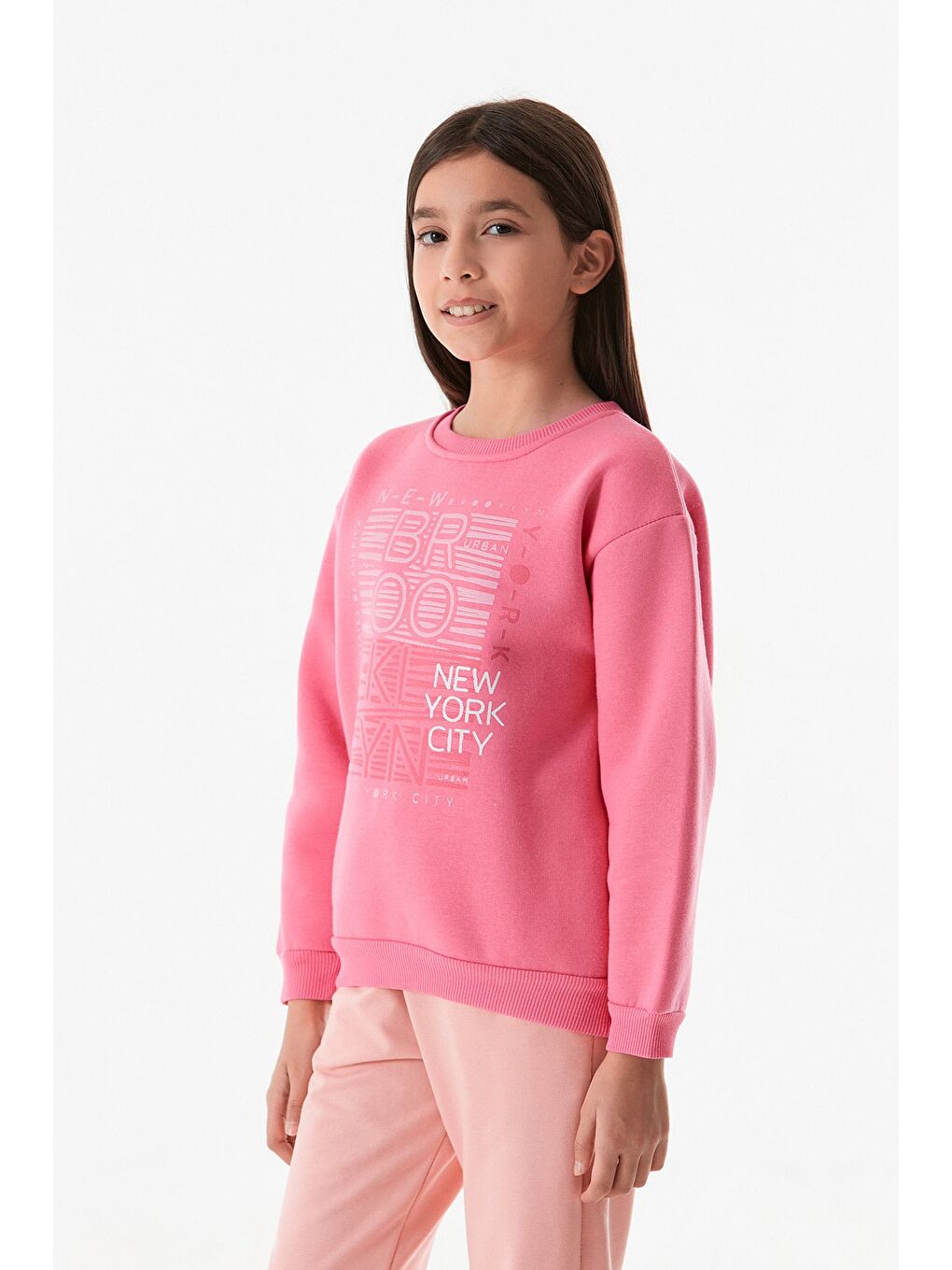 Fullamoda Pembe 3 İplik Baskılı Bisiklet Yaka Kız Çocuk Sweatshirt - 4