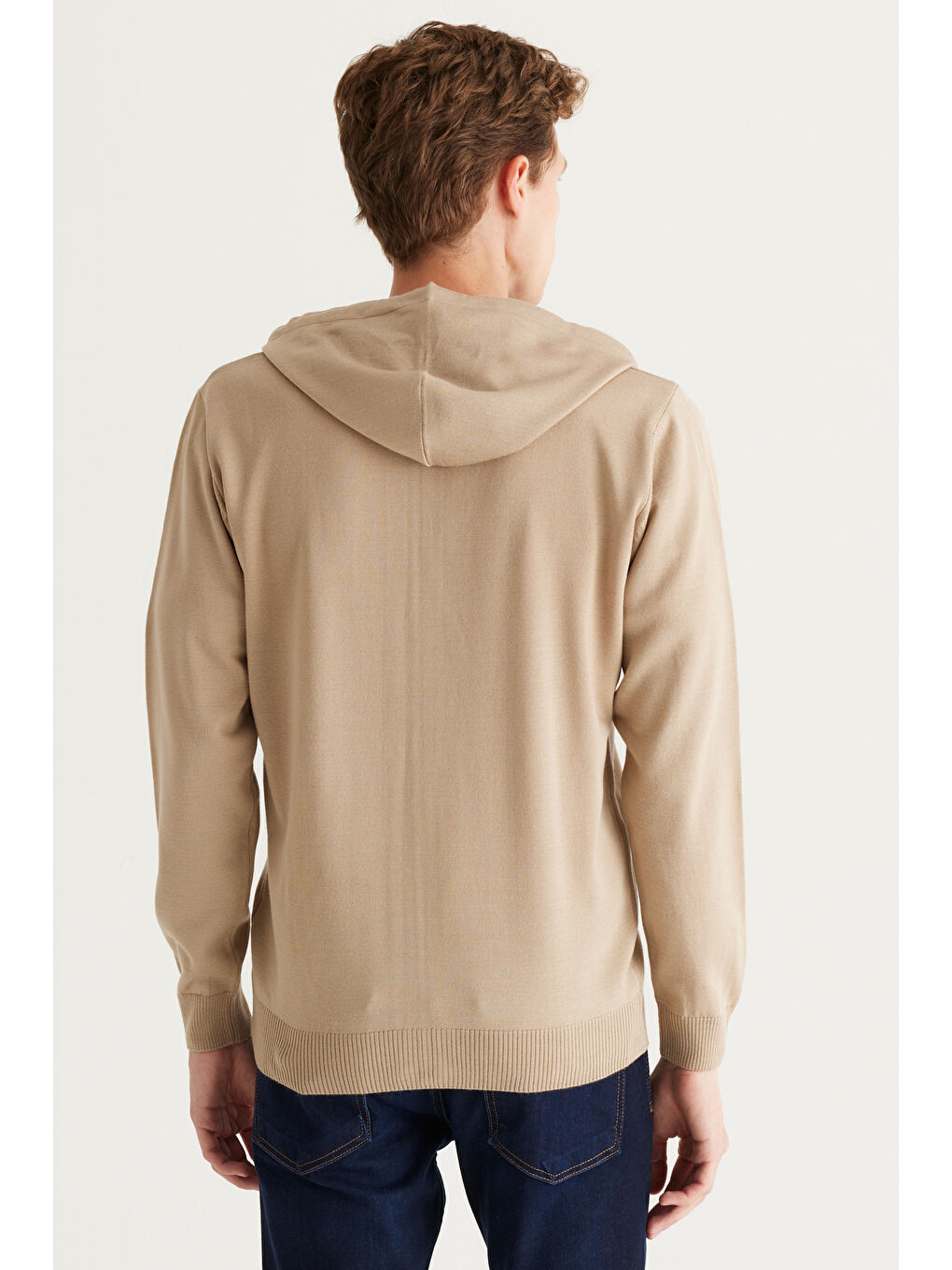 Bej Erkek Vizon Standart Fit Normal Kesim Kapüşonlu Pamuklu Triko Hırka-5