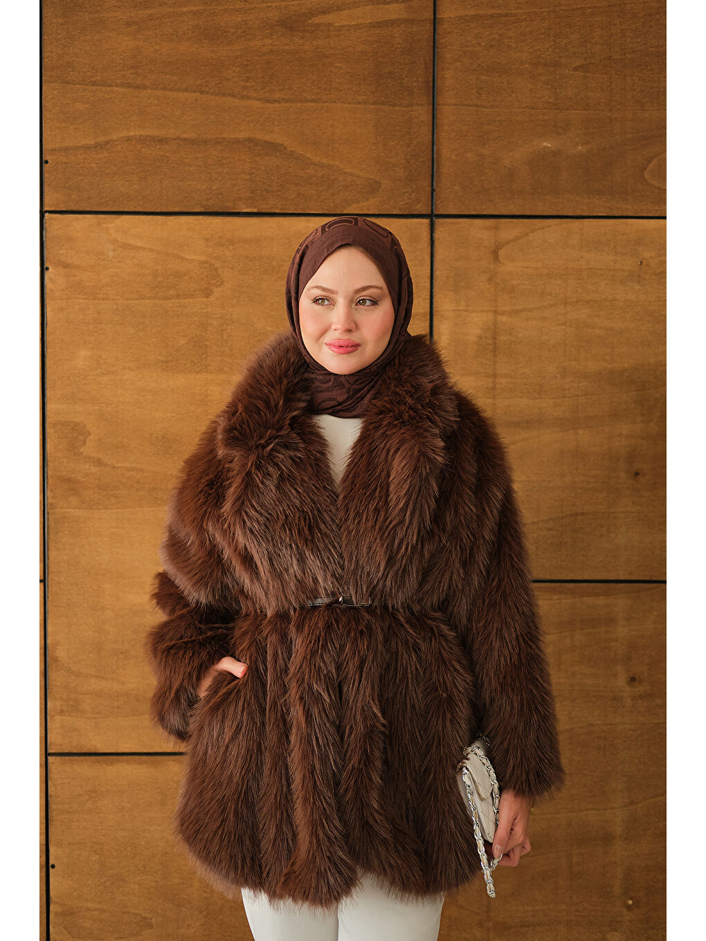 Kadın Kemer Detay Kürk Kaban Kahverengi-2