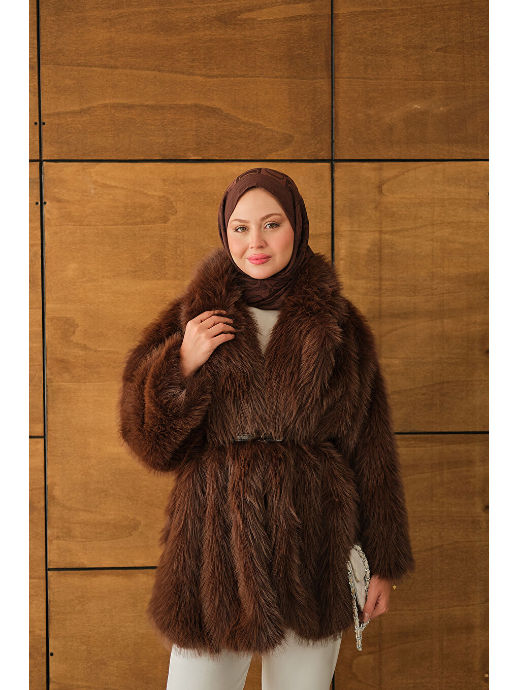 Kadın Kemer Detay Kürk Kaban Kahverengi-3