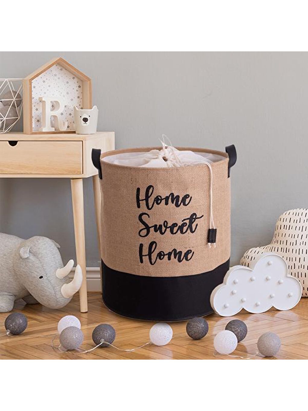 Bej Altı Deri Jüt Kumaş Çamaşır Sepeti