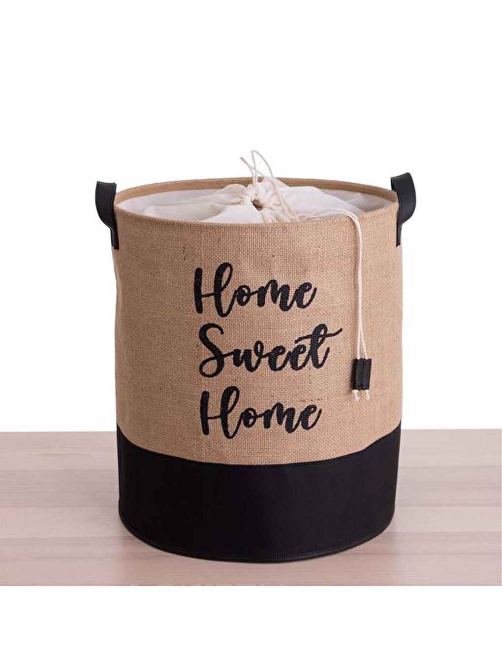 Bej Altı Deri Jüt Kumaş Çamaşır Sepeti-1