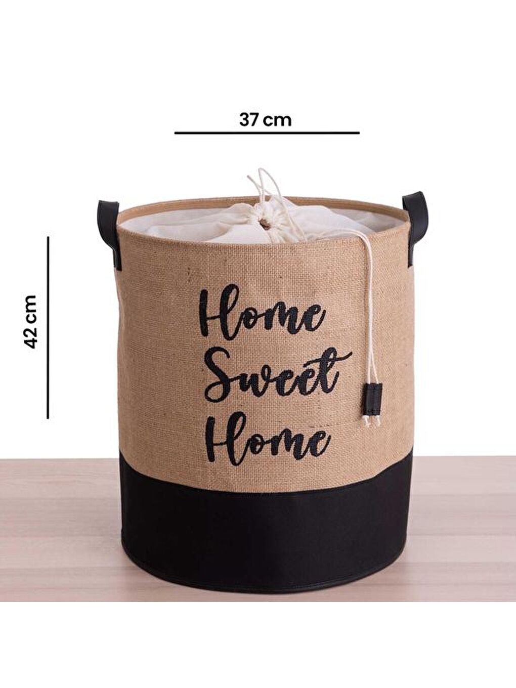 Bej Altı Deri Jüt Kumaş Çamaşır Sepeti-2