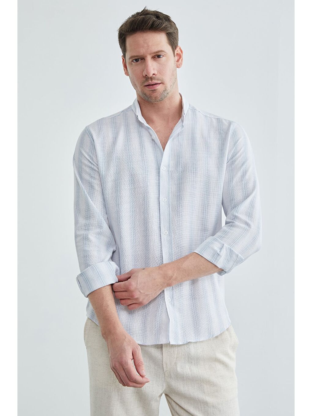 Mavi %100 Pamuk Çizgili Keten Görünümlü Erkek Gömlek-2