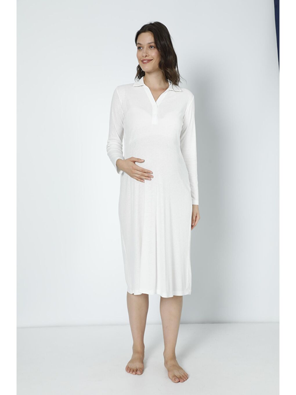 Beyaz Pamuk Fittilli Örme Kumaş Hamile ve Lohusa Uzun Kol Gecelik-1