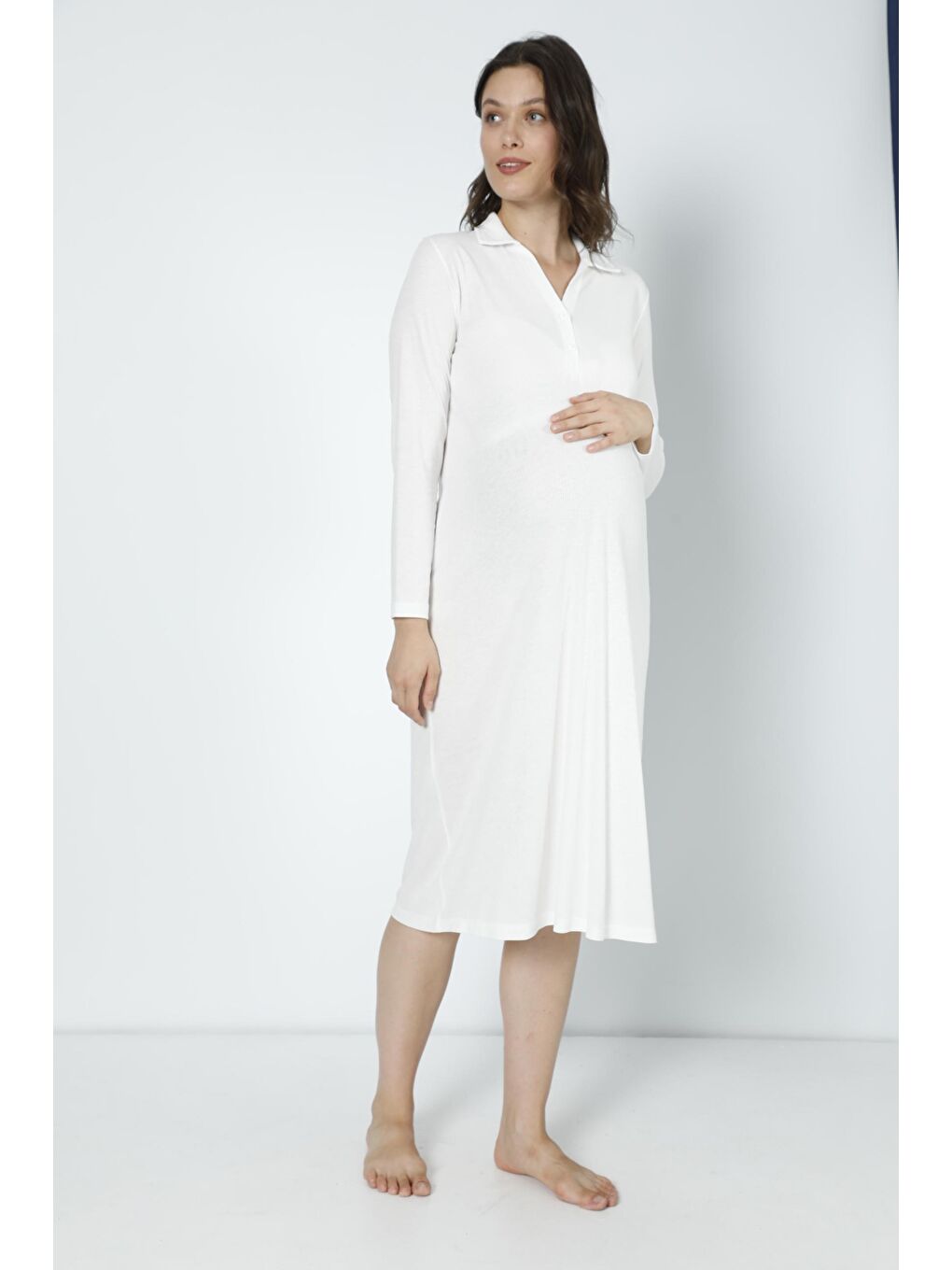 Beyaz Pamuk Fittilli Örme Kumaş Hamile ve Lohusa Uzun Kol Gecelik-2