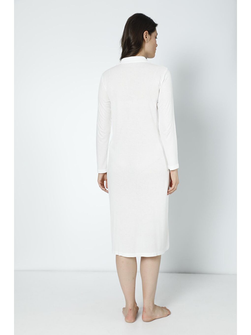 Beyaz Pamuk Fittilli Örme Kumaş Hamile ve Lohusa Uzun Kol Gecelik-3