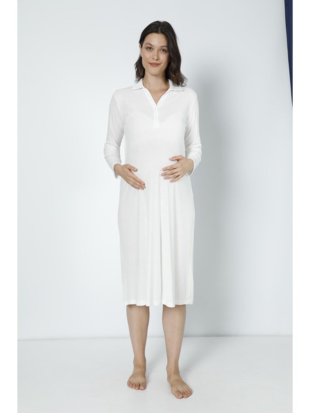 Beyaz Pamuk Fittilli Örme Kumaş Hamile ve Lohusa Uzun Kol Gecelik-4