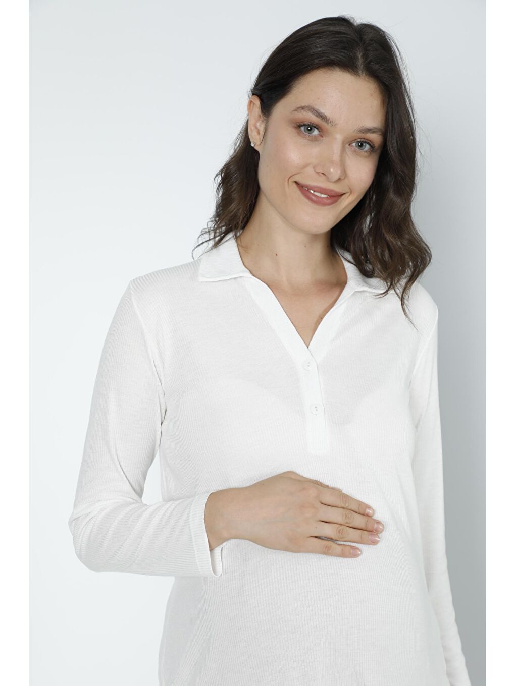 Beyaz Pamuk Fittilli Örme Kumaş Hamile ve Lohusa Uzun Kol Gecelik-5