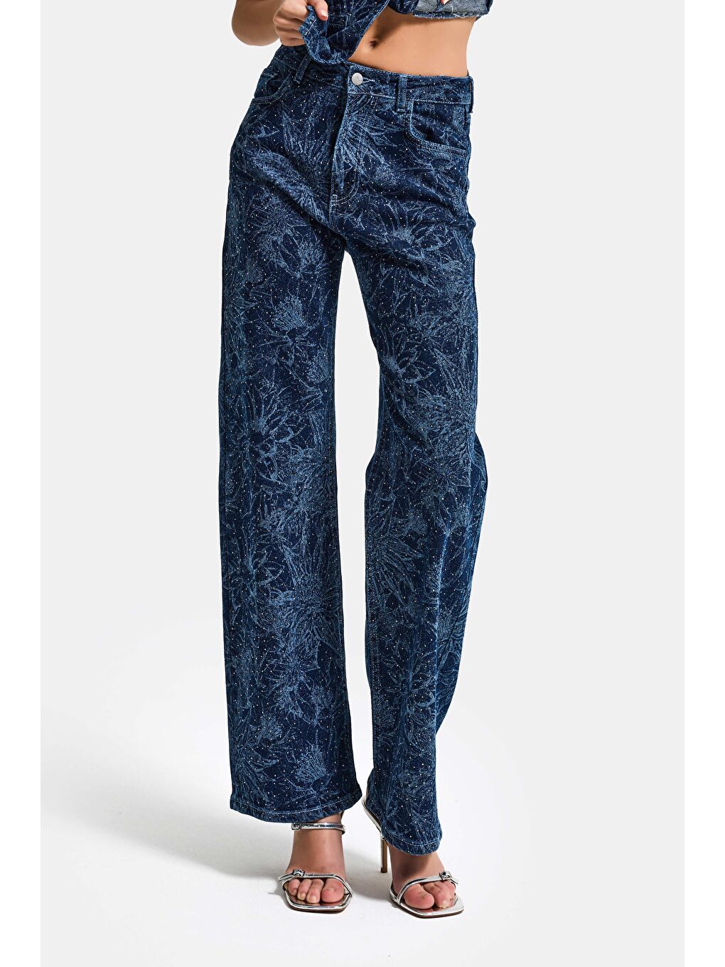 Kadın Mavi 1s6-7 Straight Fit Çiçek Desenli Parlak Taşlı Tasarım Elastan Denim Jean-3