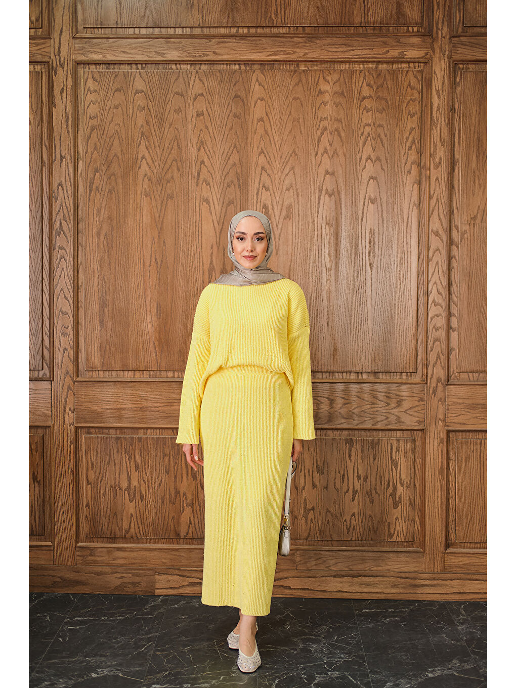 Kadın Triko Etekli Takım Sarı-2