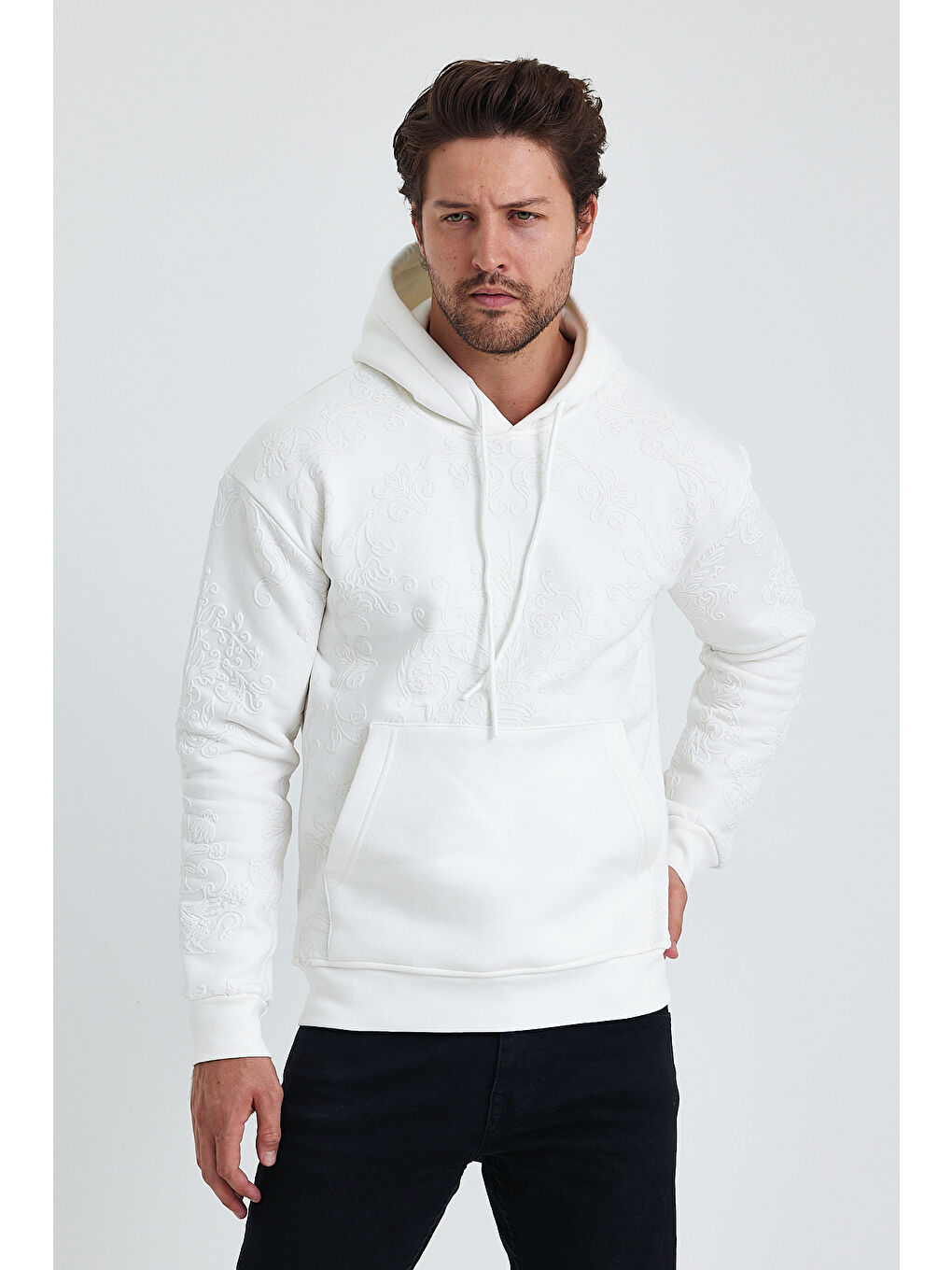 Tarz Cool Beyaz Erkek Selanik Standart Fit Normal Kesim Içi Polarlı 3 Iplik Kapüşonlu Pamuklu Sweatshirt - 1