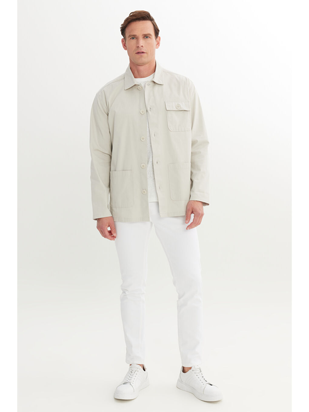 Bej Erkek Taş Comfort Fit Geniş Kesim Gizli Düğmeli Yaka Pamuklu Cepli Gömlek Ceket-1