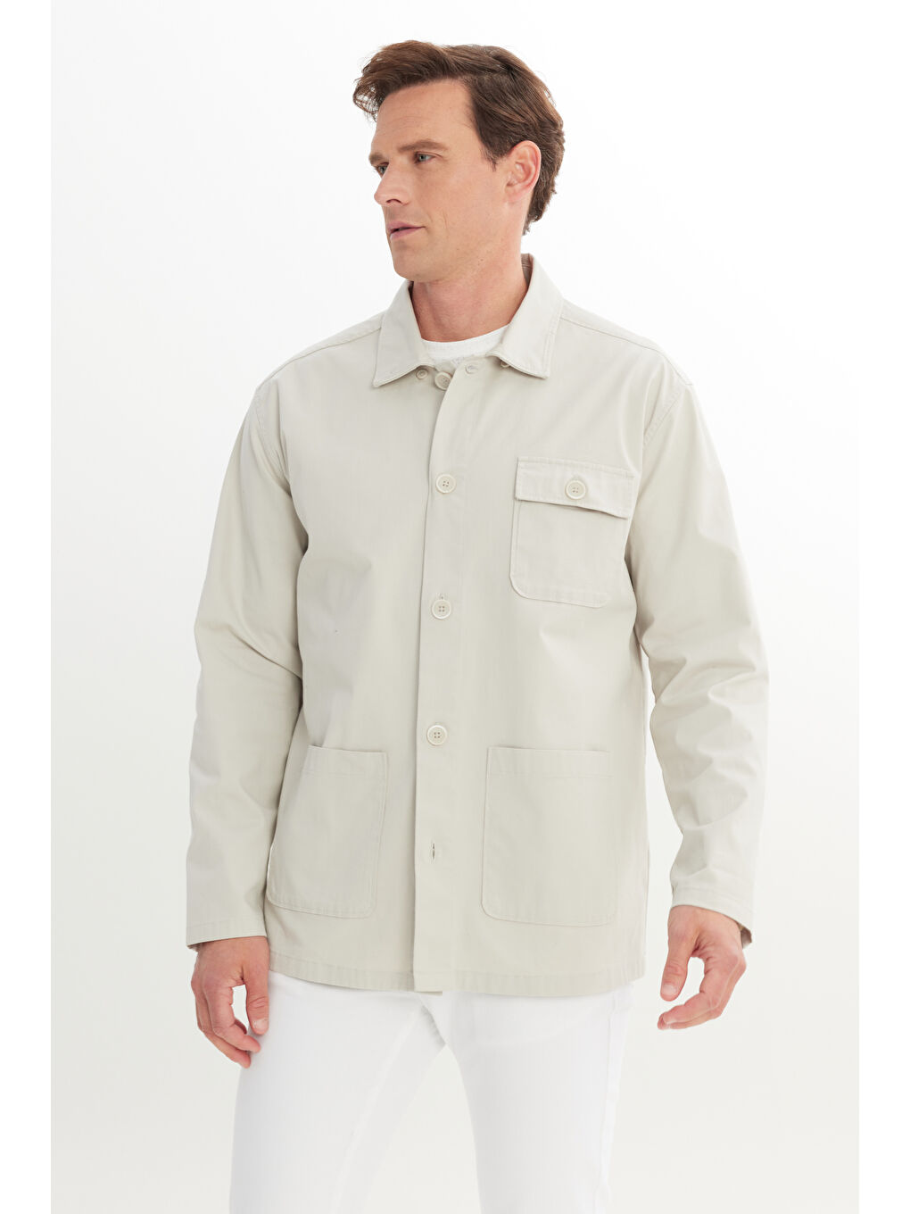 Bej Erkek Taş Comfort Fit Geniş Kesim Gizli Düğmeli Yaka Pamuklu Cepli Gömlek Ceket-2