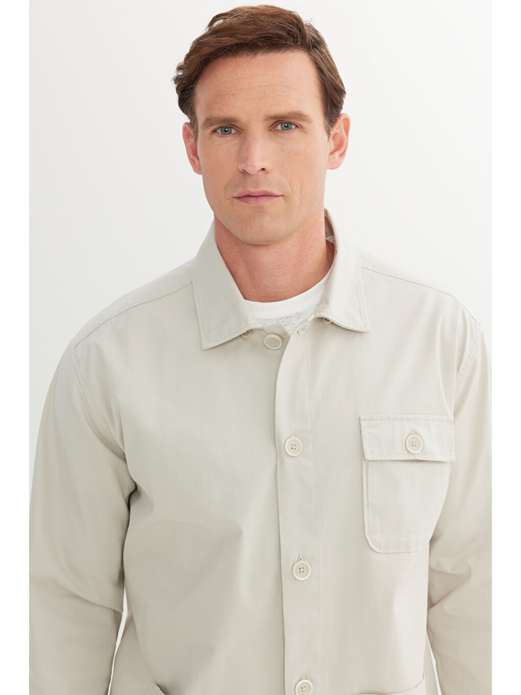 Bej Erkek Taş Comfort Fit Geniş Kesim Gizli Düğmeli Yaka Pamuklu Cepli Gömlek Ceket-3