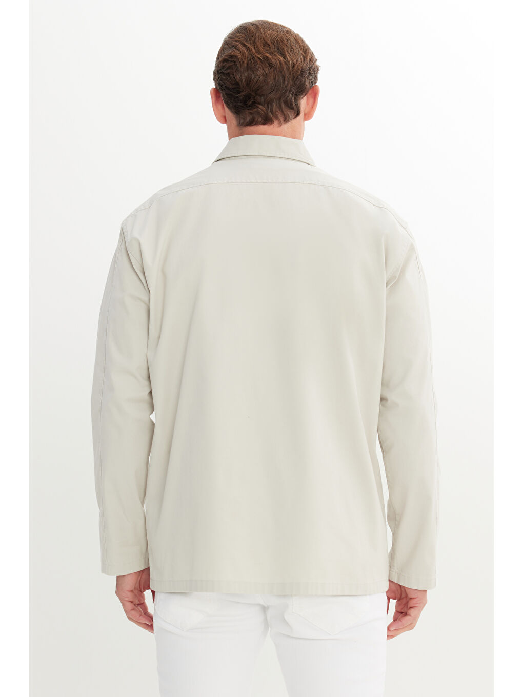Bej Erkek Taş Comfort Fit Geniş Kesim Gizli Düğmeli Yaka Pamuklu Cepli Gömlek Ceket-4
