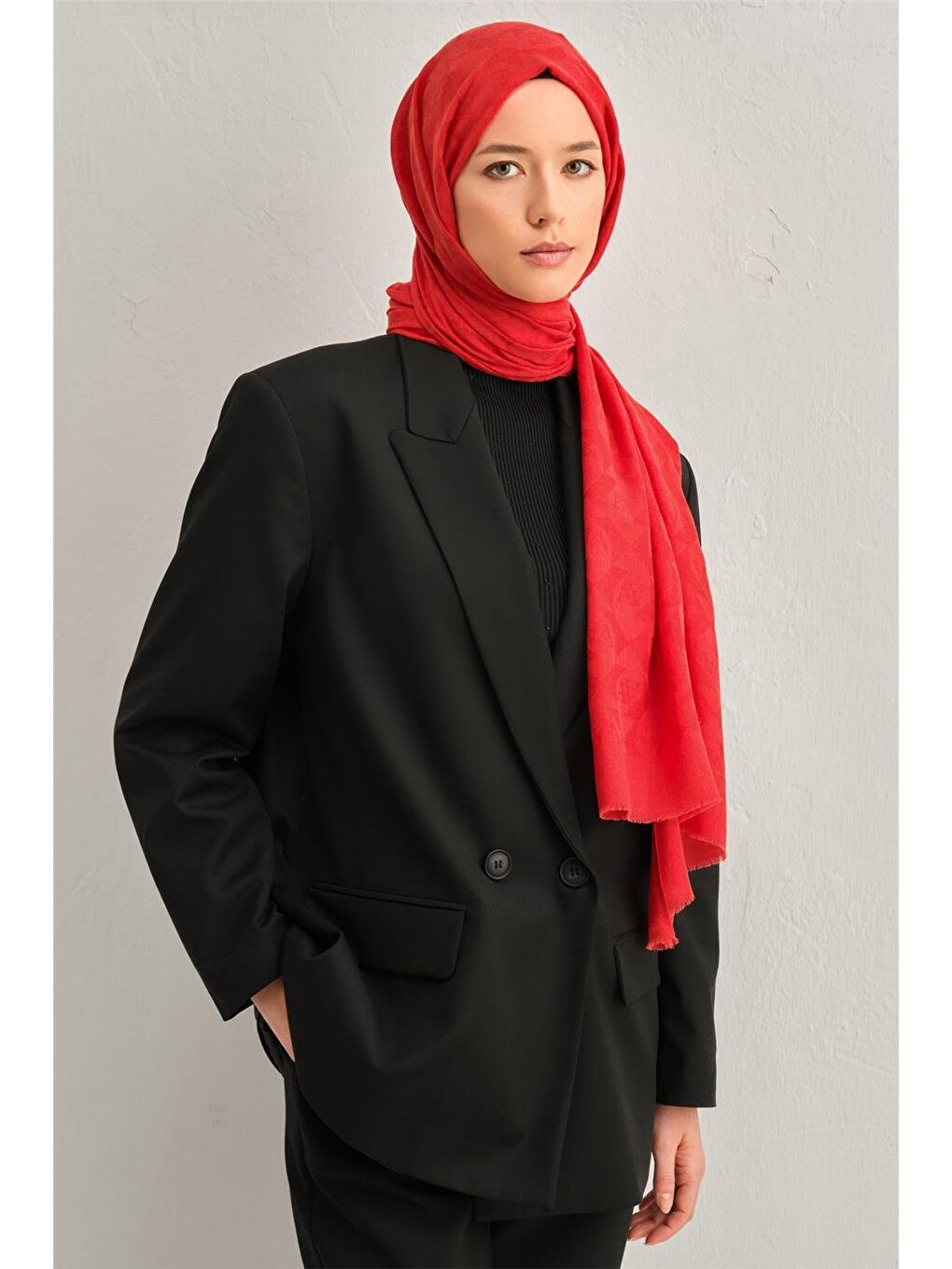 Kırmızı Lyocell Yün Monogram Desen Şal 13