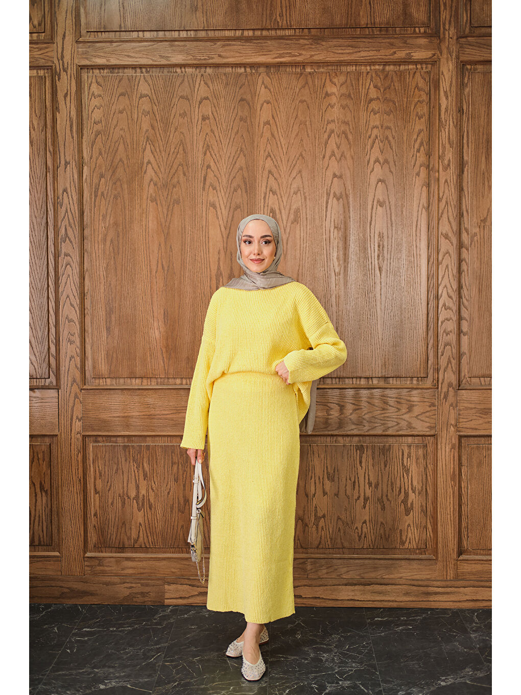 Kadın Triko Etekli Takım Sarı-4