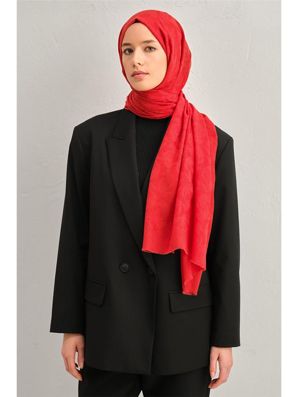 Kırmızı Lyocell Yün Monogram Desen Şal 13-1