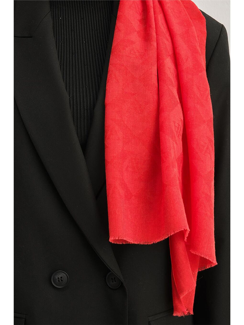 Kırmızı Lyocell Yün Monogram Desen Şal 13-2