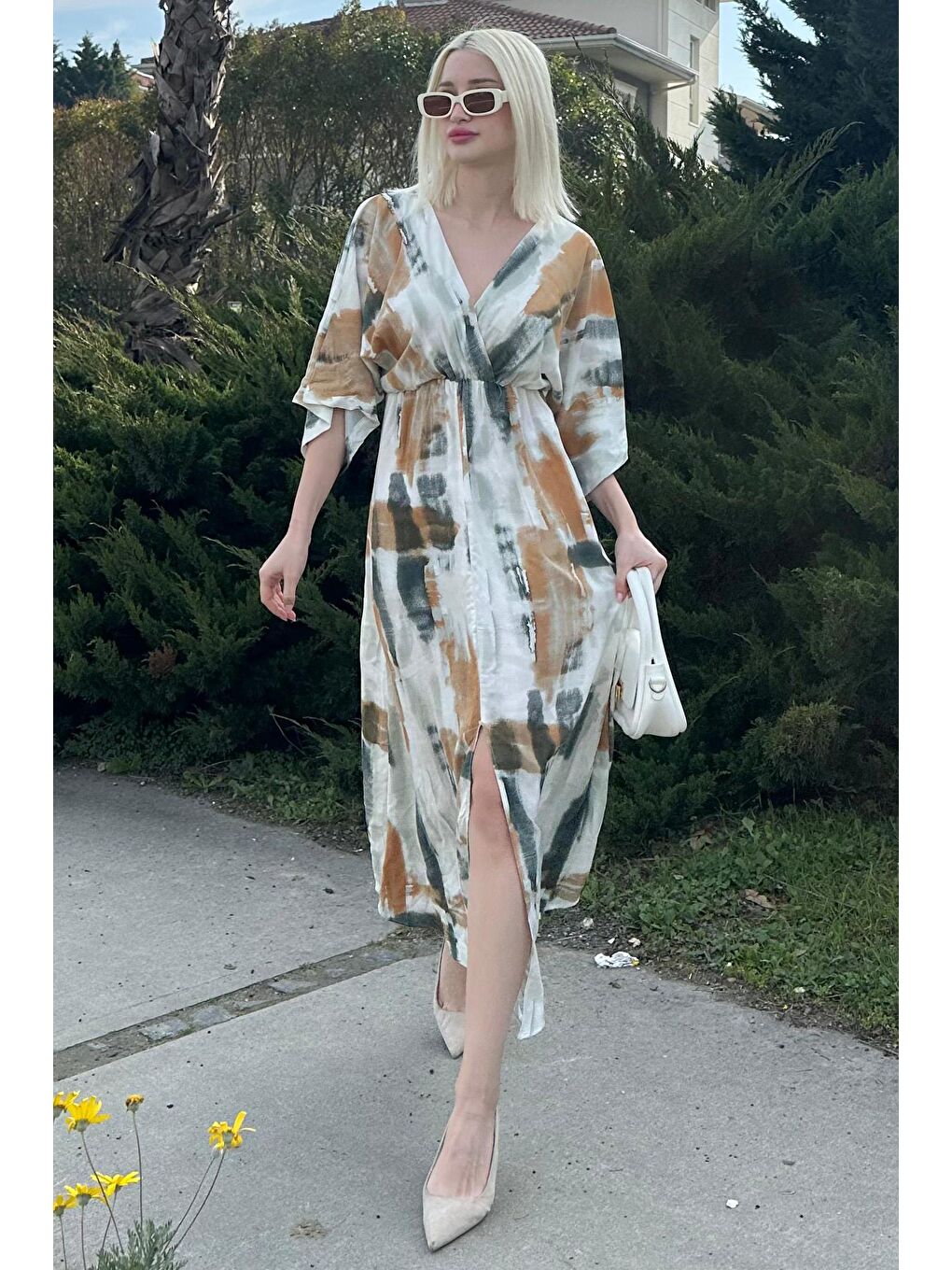 Sarı Hardal Desenli Yırtmaç Detaylı Uzun Elbise Mg2323-3